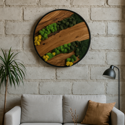 Doğal Şoklanmış Yosun ve Zeytin Ağacı Duvar Dekoru - Yuvarlak Metal Çerçeve (Özel Ölçüler)

