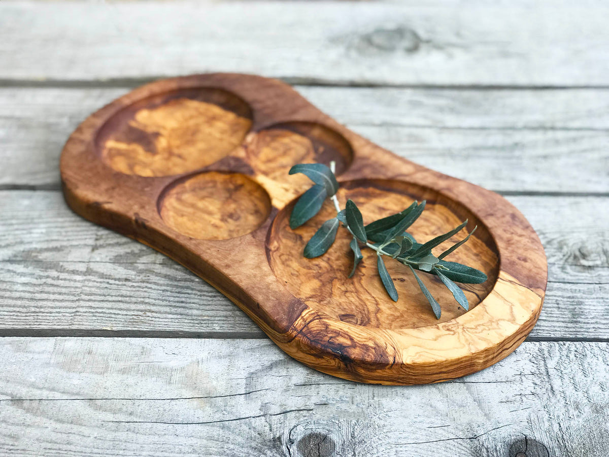 Natural Wood Serving Plate with Compartments, Olive Wood Divided Dish