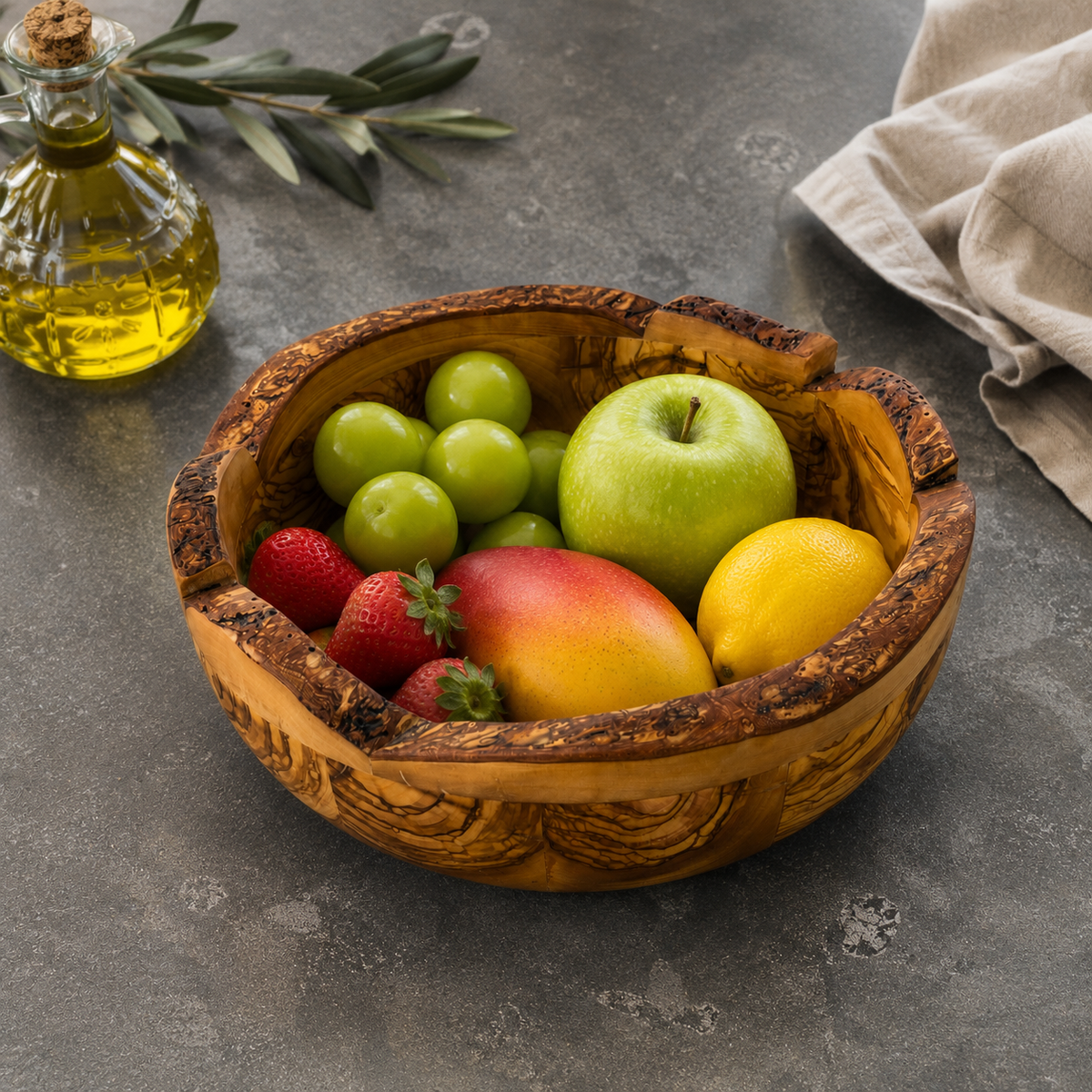 Aeneas Natural Form Olive Wood Bowl – Handcrafted Rustic Serving Bowl – Mediterranean Kitchen Decor – Unique Olive Wood Centerpiece