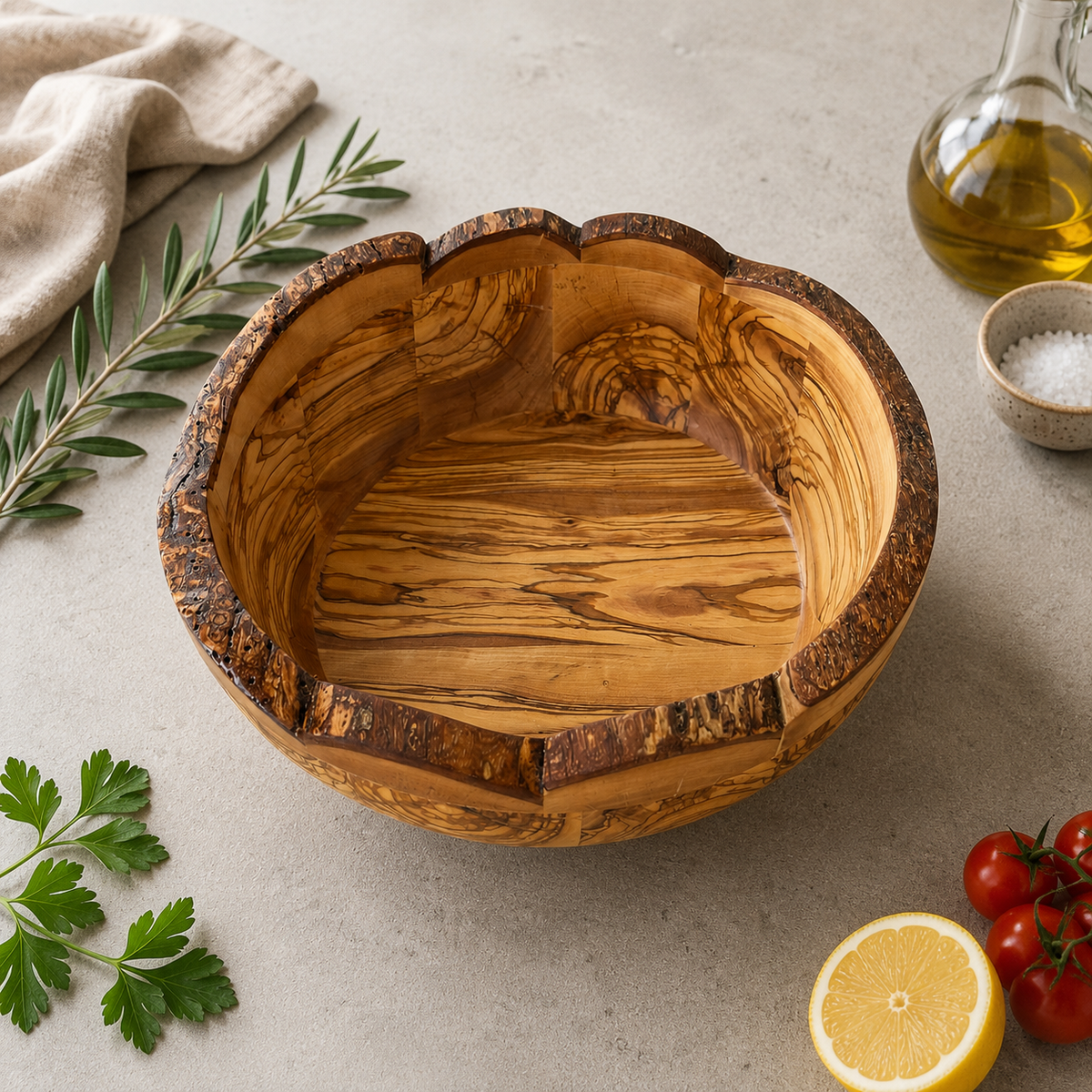 Aeneas Natural Form Olive Wood Bowl – Handcrafted Rustic Serving Bowl – Mediterranean Kitchen Decor – Unique Olive Wood Centerpiece