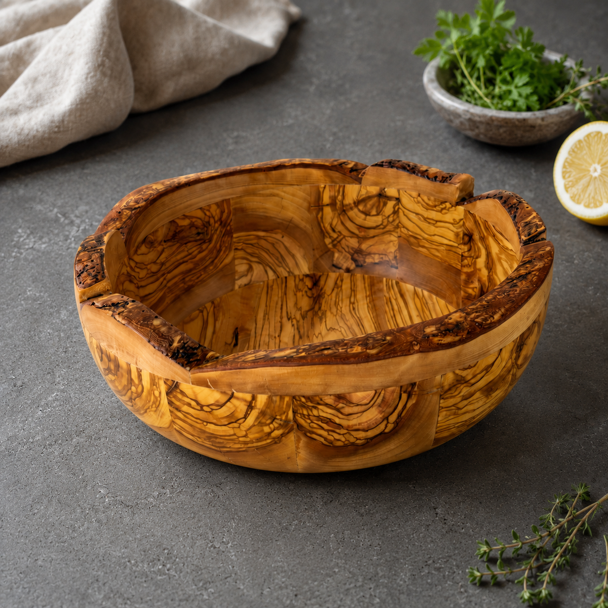 Aeneas Natural Form Olive Wood Bowl – Handcrafted Rustic Serving Bowl – Mediterranean Kitchen Decor – Unique Olive Wood Centerpiece