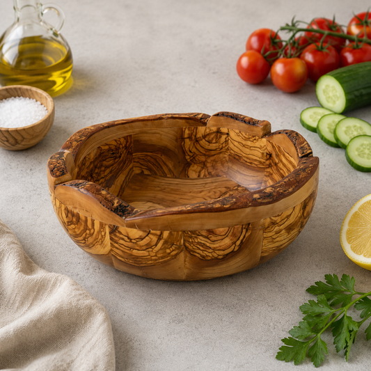 Aeneas Natural Form Olive Wood Bowl – Handcrafted Rustic Serving Bowl – Mediterranean Kitchen Decor – Unique Olive Wood Centerpiece