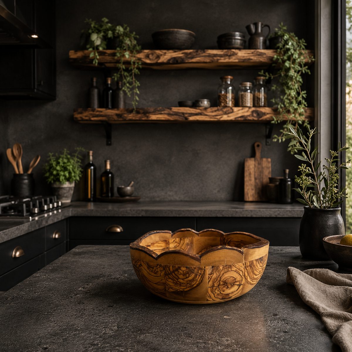 Aeneas Natural Form Olive Wood Bowl – Handcrafted Rustic Serving Bowl – Mediterranean Kitchen Decor – Unique Olive Wood Centerpiece