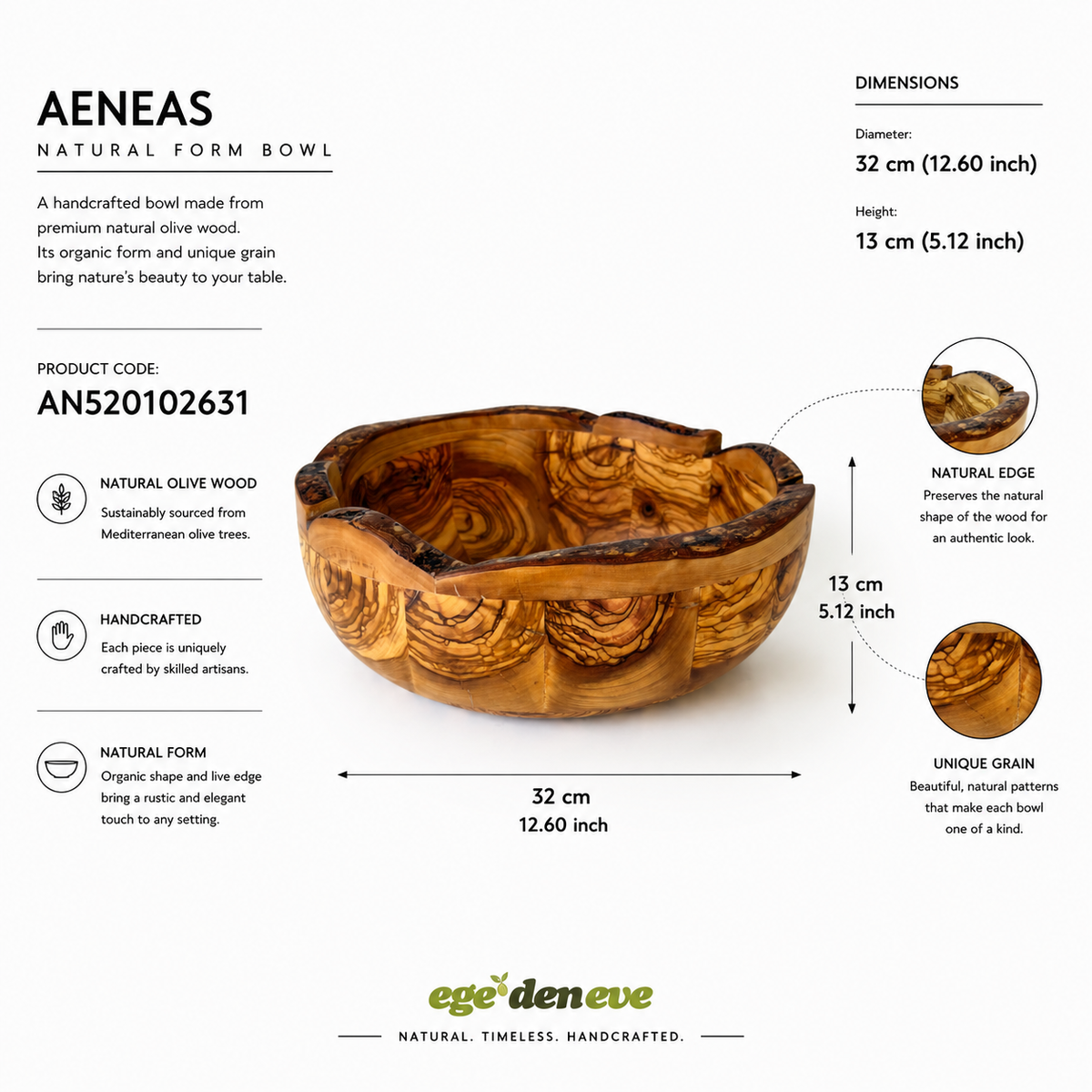 Aeneas Natural Form Olive Wood Bowl – Handcrafted Rustic Serving Bowl – Mediterranean Kitchen Decor – Unique Olive Wood Centerpiece