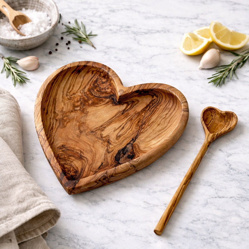 Kişiselleştirilebilir Kalp Formlu Zeytin Ağacı Tabak & Kaşık Seti
