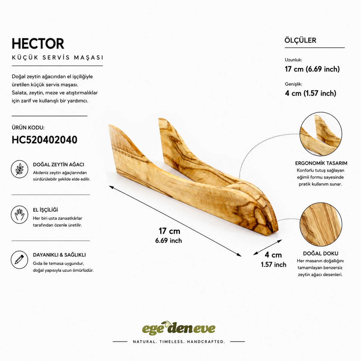 Hector Olive Wood Tongs, Anti-bacterial Olive Wood Tongs
