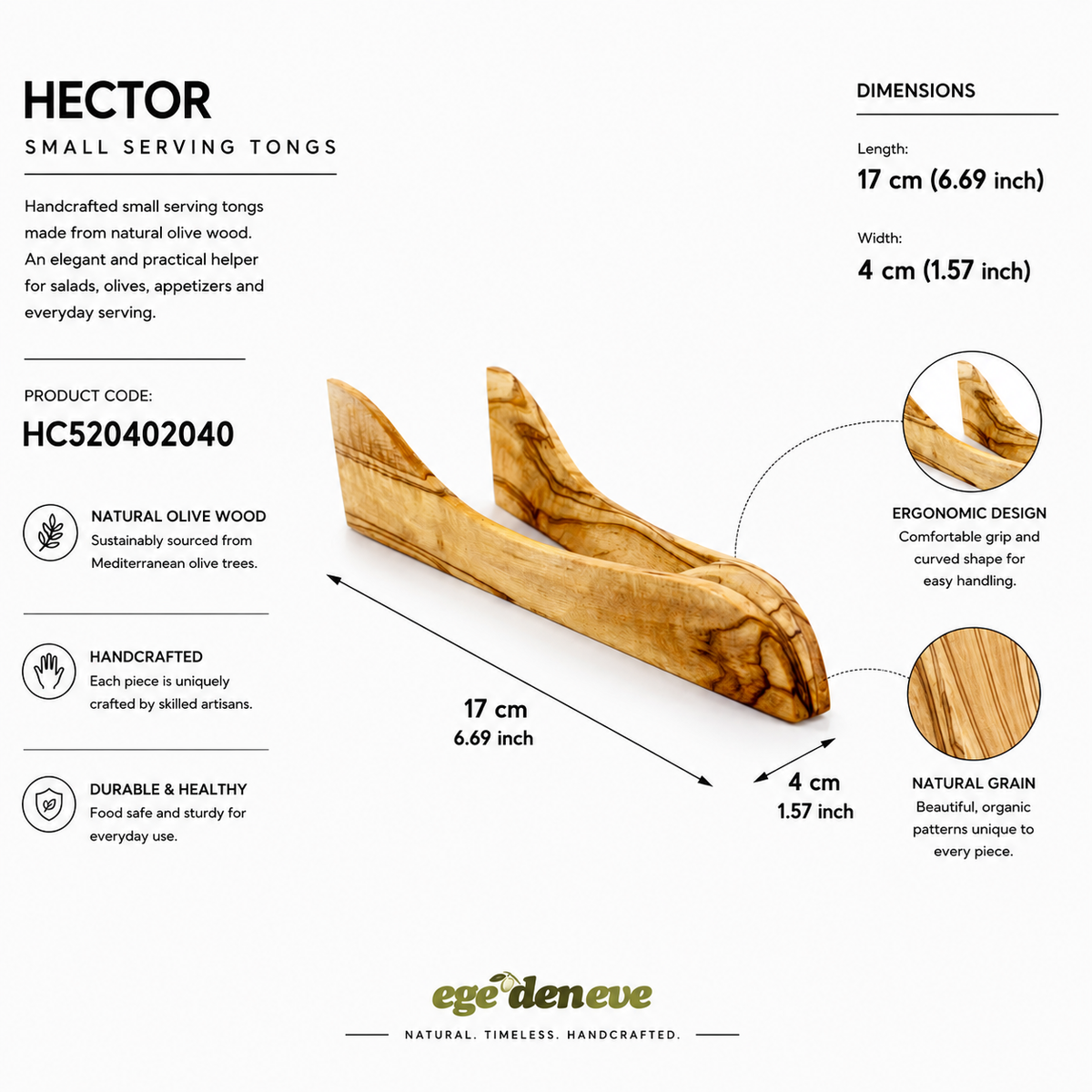 Hector Olive Wood Tongs, Anti-bacterial Olive Wood Tongs