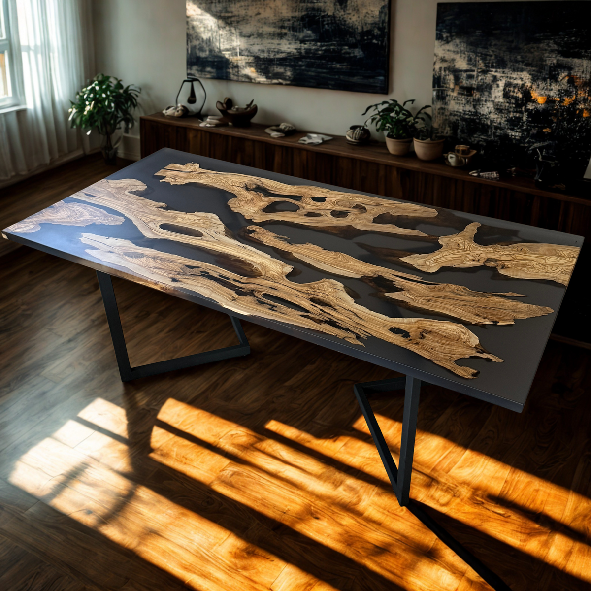 Handcrafted Olive Wood & Epoxy Dining Table – Custom Made, 200x100 cm