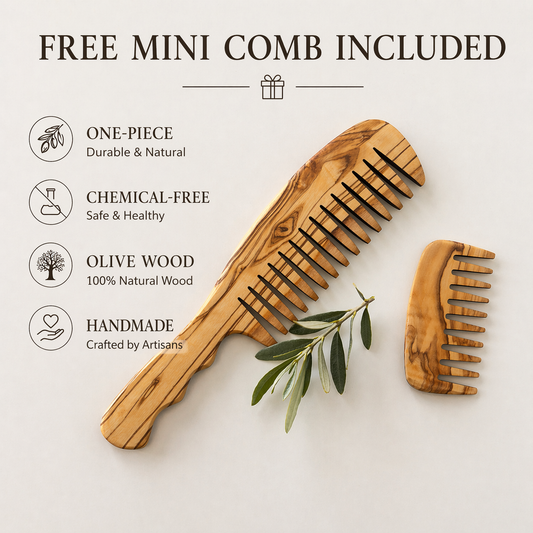 Olive Wood Wide Tine Comb, Handmade Wooden Hairbrush, Wooden Comb