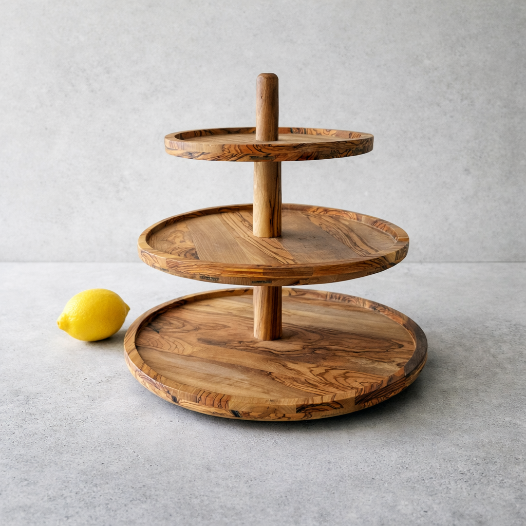 Handmade 3-Tier Olive Wood Serving Stand | Modular Dessert Tower, Cupcake & Snack Display | Natural Olive Wood Tray | Removable Shelves | Rustic Home & Wedding Decor