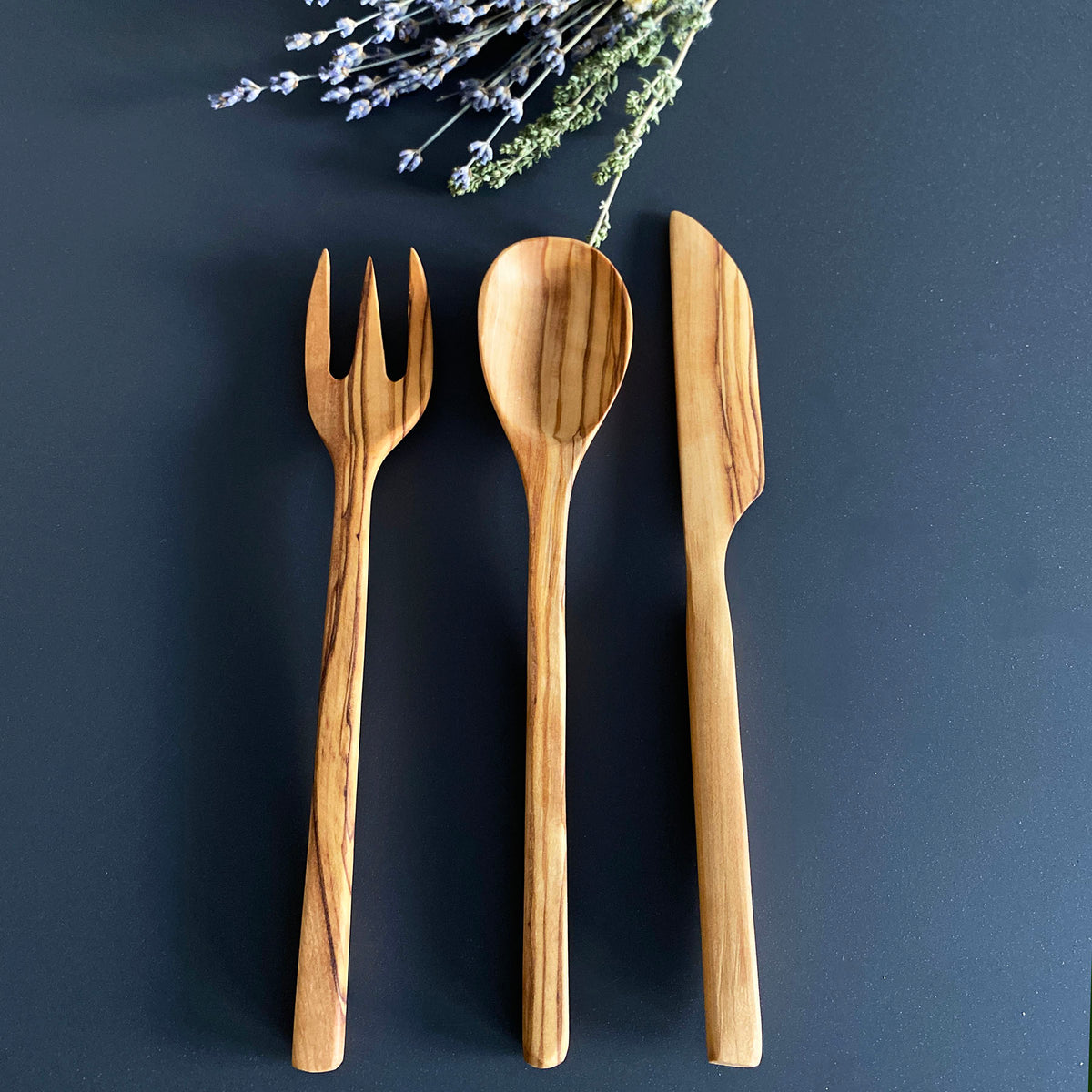 Elegant Olive Wood Spoon, Fork and Knife Set, Wooden Cutlery Set