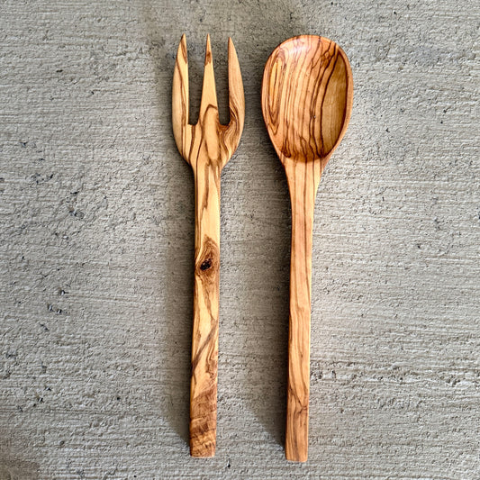 Stylish Olive Wood Serving Set, Wooden Salad Spoon and Fork