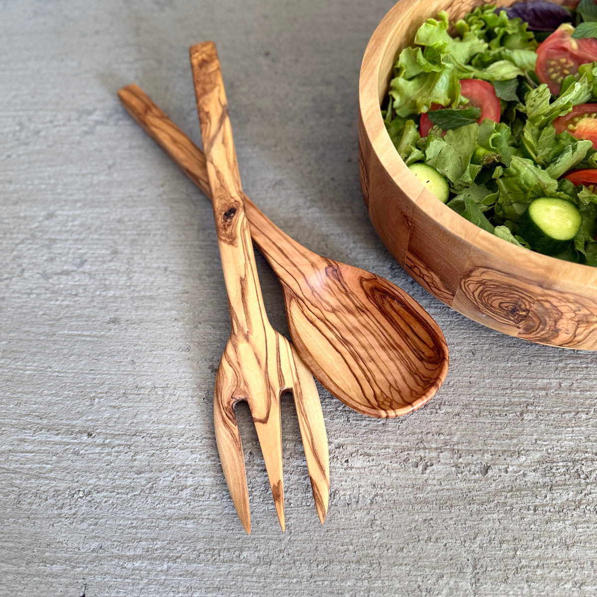 Stylish Olive Wood Serving Set, Wooden Salad Spoon and Fork