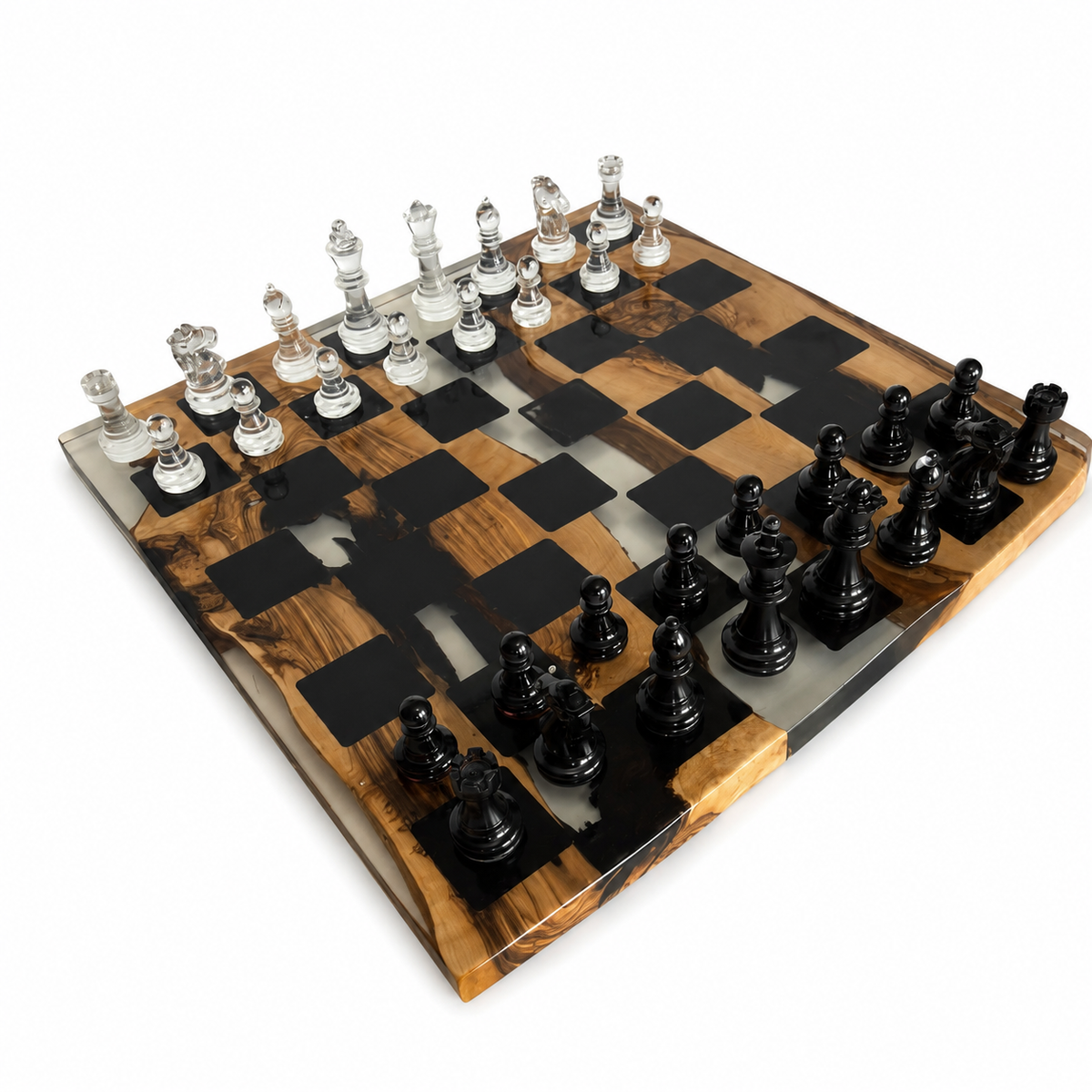 Handcrafted Olive Wood Chess Set with Black Epoxy Resin | Luxury Wooden Chess Board | Modern Home Decor | Gift for Him | Personalized Chess Set