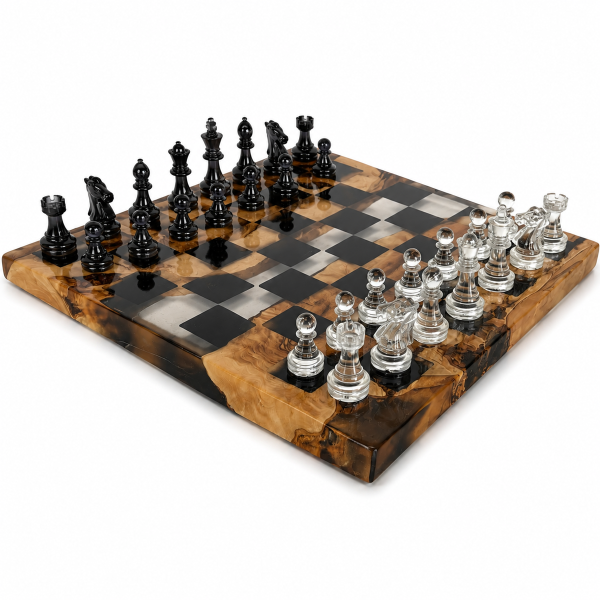 Handcrafted Olive Wood Chess Set with Black Epoxy Resin | Luxury Wooden Chess Board | Modern Home Decor | Gift for Him | Personalized Chess Set