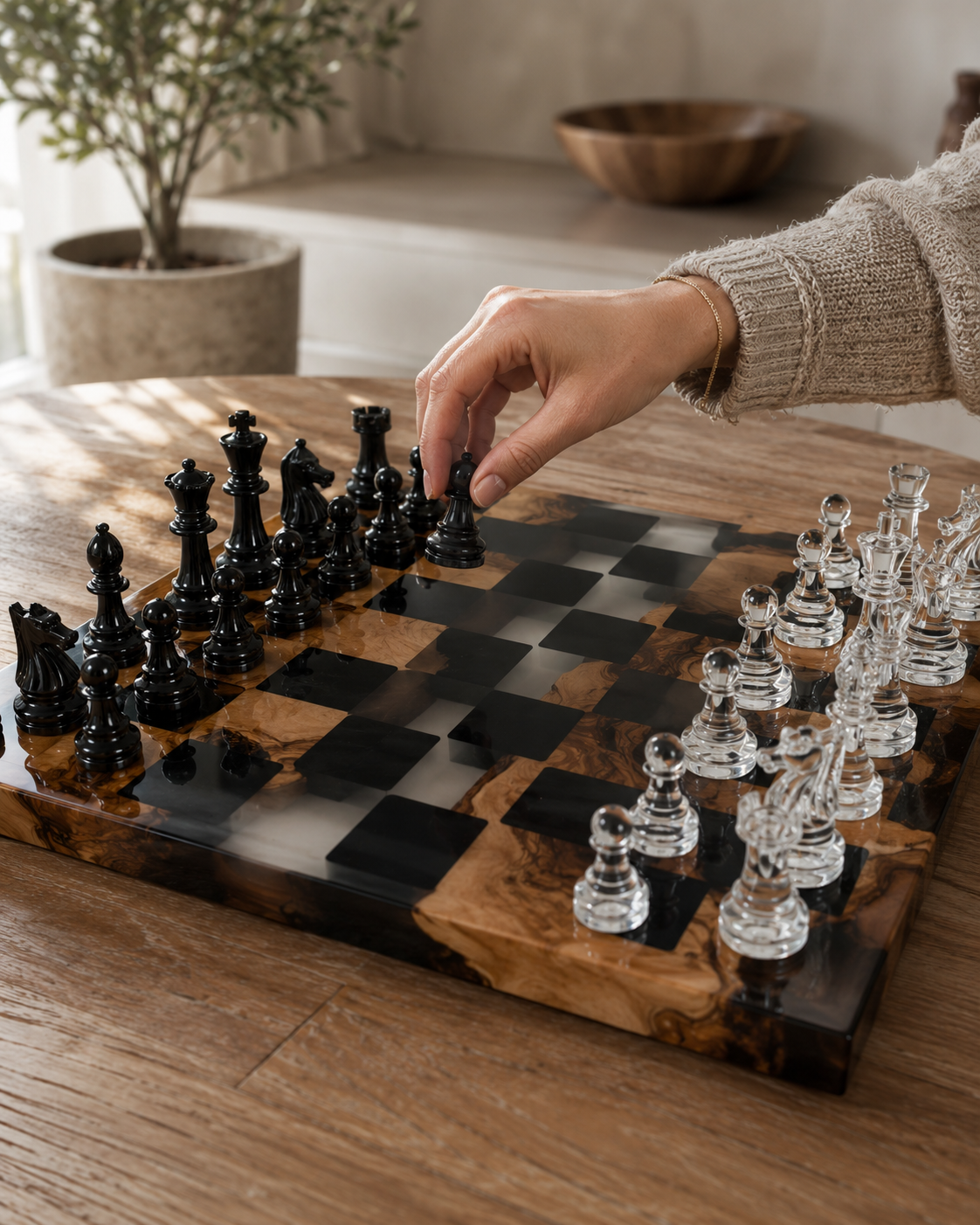 Handcrafted Olive Wood Chess Set with Black Epoxy Resin | Luxury Wooden Chess Board | Modern Home Decor | Gift for Him | Personalized Chess Set
