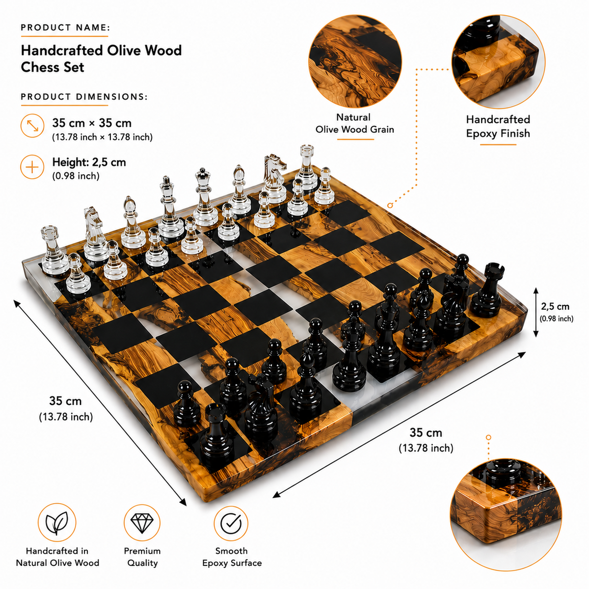 Handcrafted Olive Wood Chess Set with Black Epoxy Resin | Luxury Wooden Chess Board | Modern Home Decor | Gift for Him | Personalized Chess Set