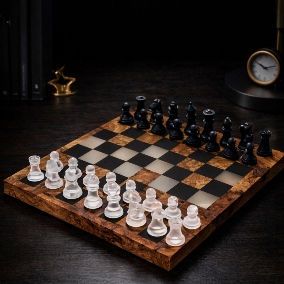 Handcrafted Olive Wood Chess Set with Black Epoxy Resin | Luxury Wooden Chess Board | Modern Home Decor | Gift for Him | Personalized Chess Set