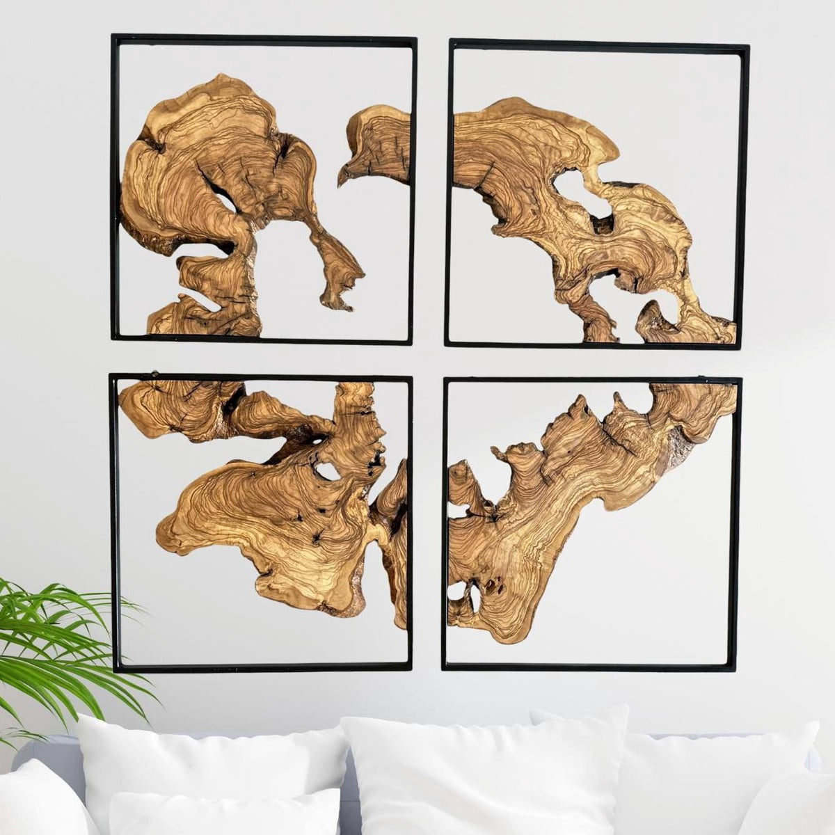 Handcrafted Olive Wood Wall Decor Set – 4-Piece Square Design with Black Metal Frames (15.75" x 15.75" Each) Live Edge Wood Wall Decor Set