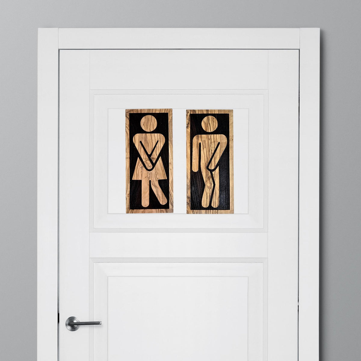 Olive Wood Restroom Sign | Bathroom WC Door Sign | Wooden Toilet Sign | Male Female Bathroom Figurines | Unique Toilet Door Plate