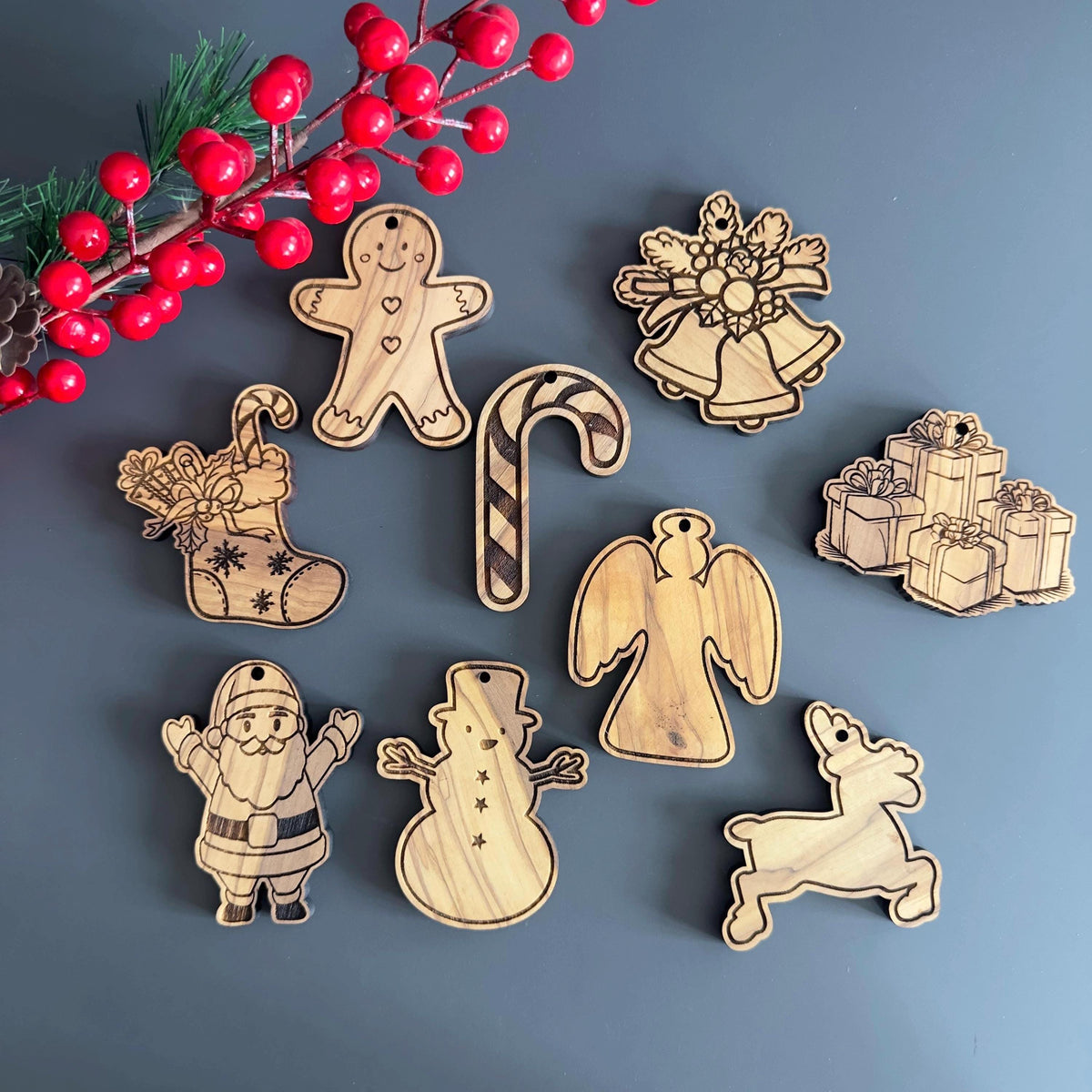 Olive Wood Christmas Ornaments, Wooden Engraved Figure Ornaments Set, Olive Wood Unique Figures Christmas Favors Bundle