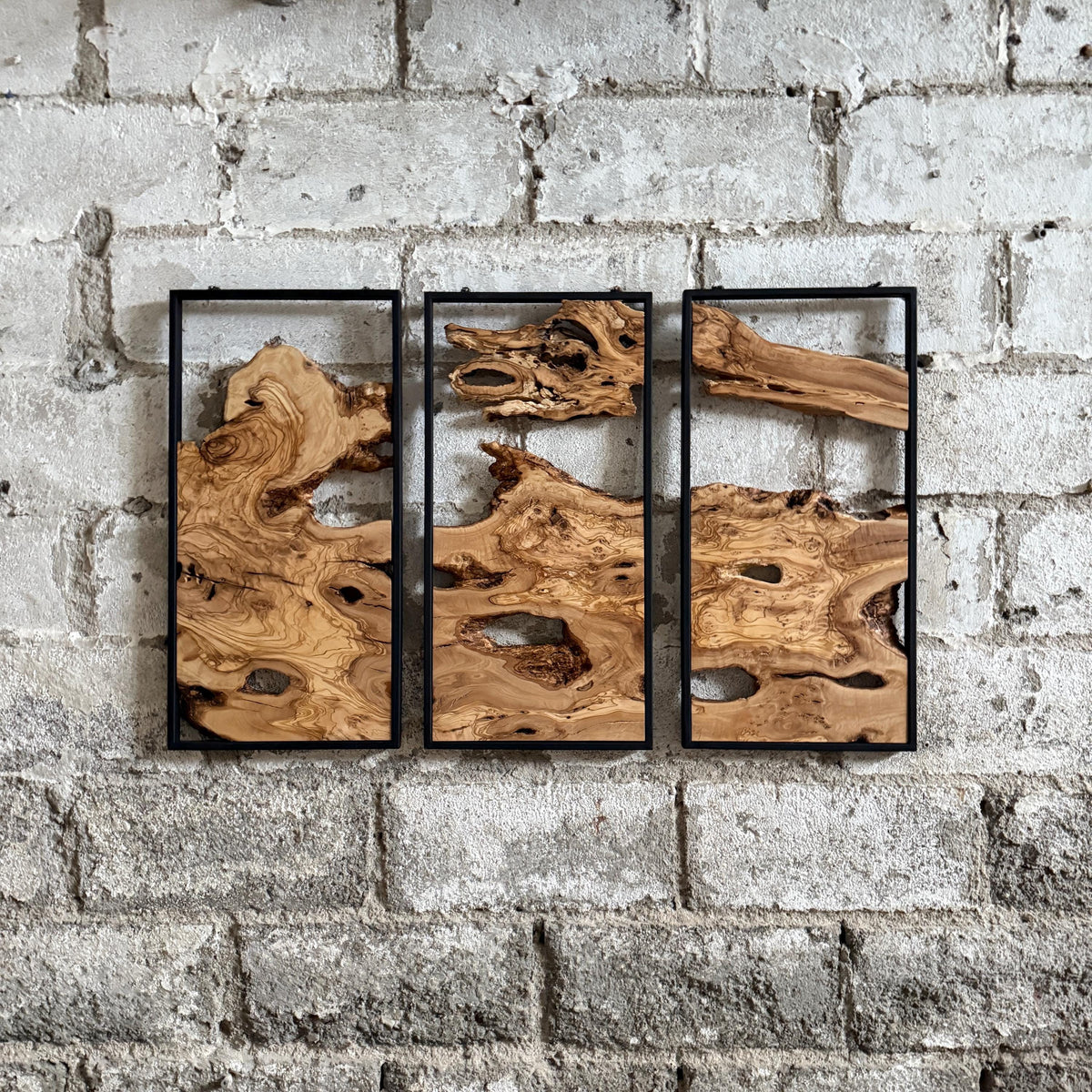 Unique Olive Wood Wall Decor Set - 3 Piece Wall Art With Metal Frame - Live Edge Wooden Wall Decor - 3-Piece Set (Each (11.8" x 23.6" )