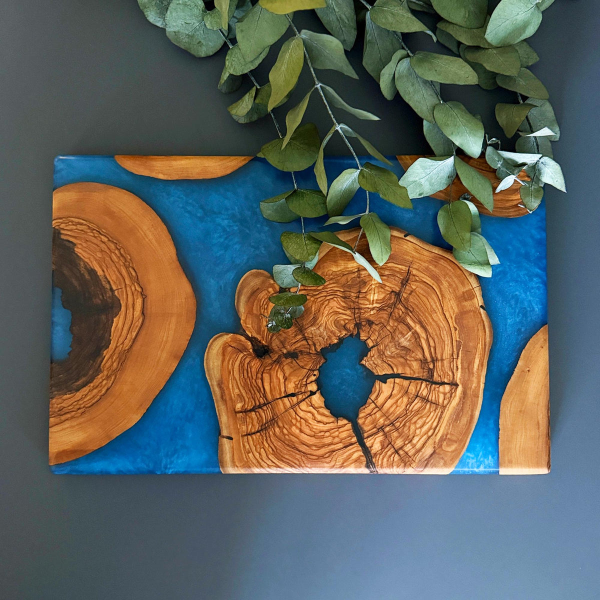 Olive Wood & Epoxy Serving Board - Unique Handcrafted Design - Blue Charcuterie Board - Handmade Decorative Board