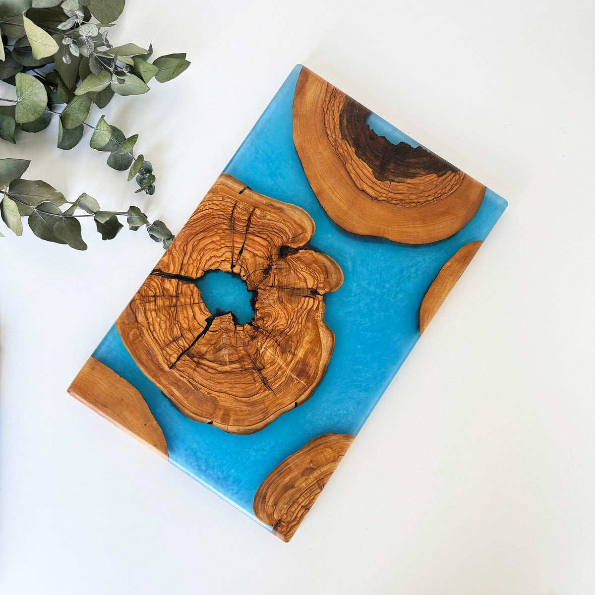 Olive Wood & Epoxy Serving Board - Unique Handcrafted Design - Blue Charcuterie Board - Handmade Decorative Board