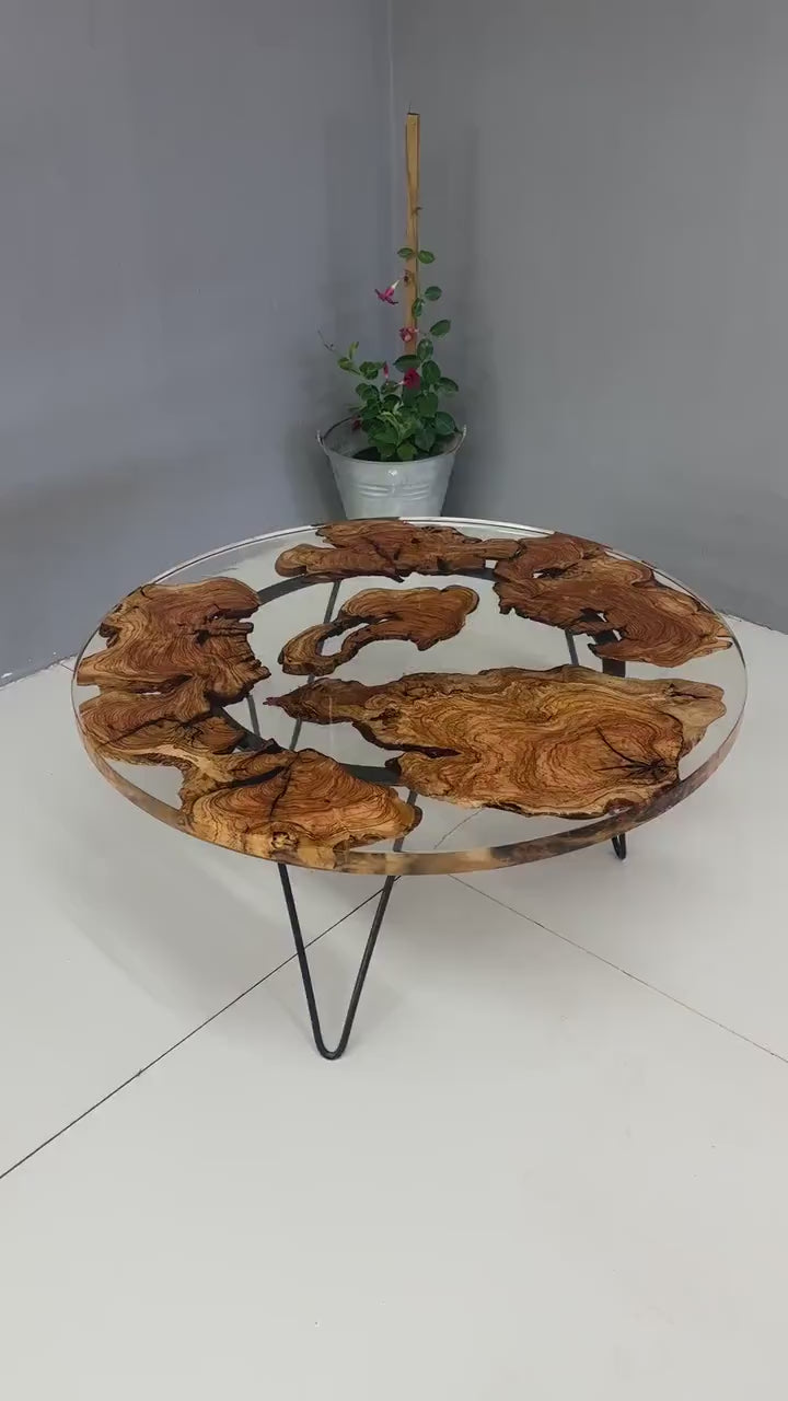Epoxy Resin Coffe Table | Clear Epoxy Olive Wood Table | Round Epoxy Coffee Table | Custom Order Epoxy Table | Handmade Olive Wood |