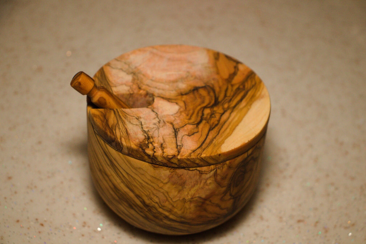 Olive Wood Salt Bowl with Spoon and Lid, Wooden Sugar Bowl, Authentic Spice Bowl, Rustic Wooden Bowl, Minimalist Bowl